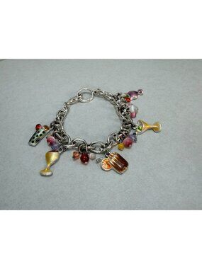 Cocktail Charm Bracelet Enamel Drinks Beads Silver Tone Toggle Vintage AJMC